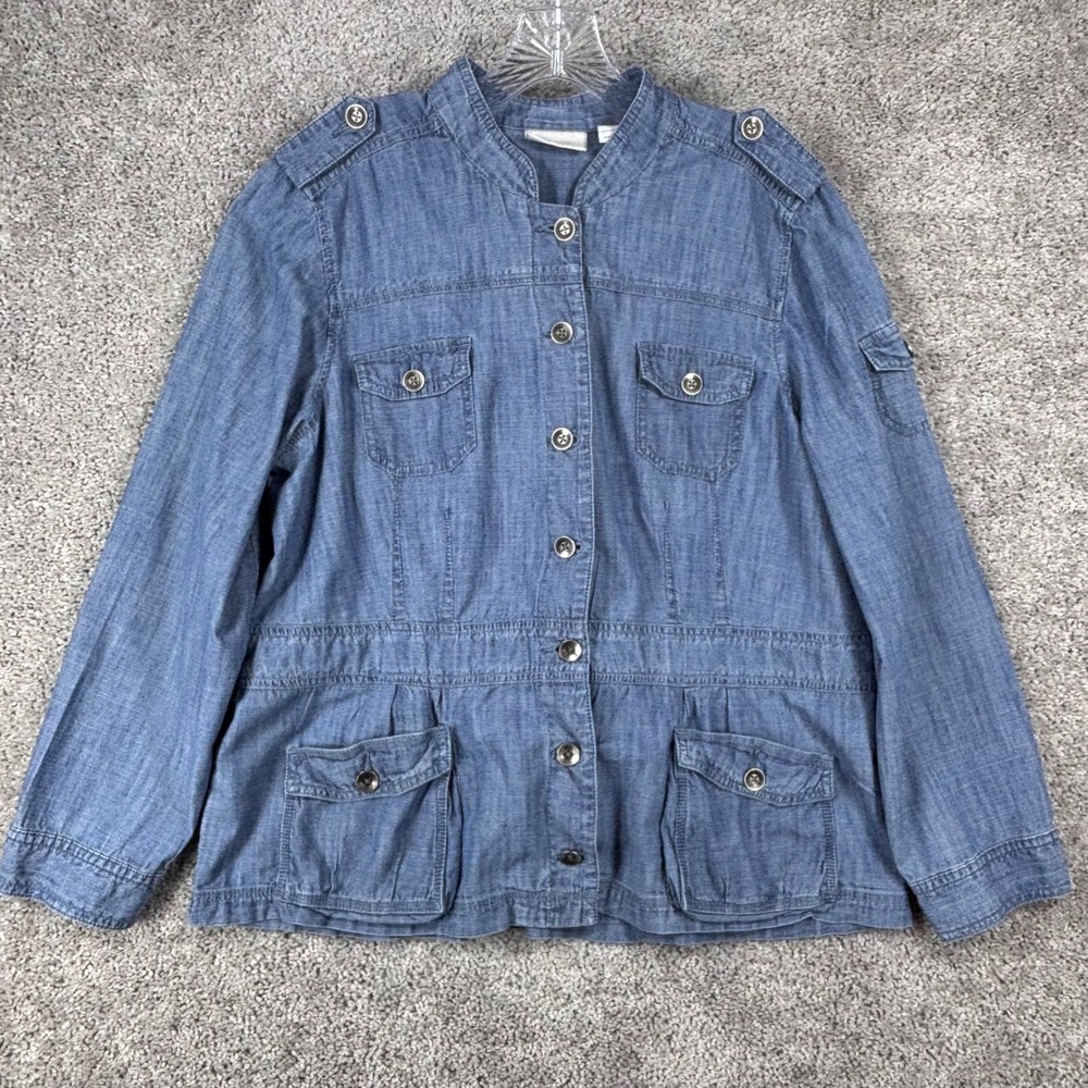 Chico's Blue Cotton Chambray Utility Safari Jacket Peplum Size 3 Large XL